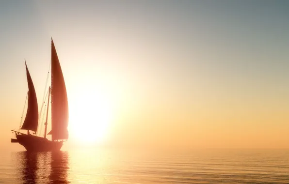 Море, небо, солнце, корабль, парусник, горизонт, силуэт, Lempreinte dun horizon