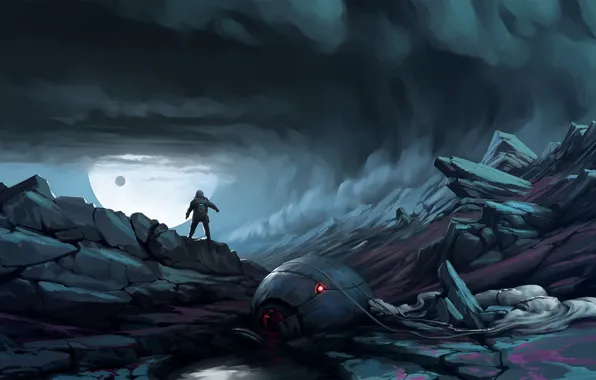 Ночь, Рисунок, Скафандр, Человек, Планета, Art, Фантастика, Illustration