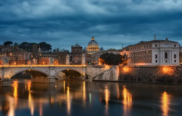Мост, Италия, Tiber River, дома, Rome, вечер, здания, Река Тибр