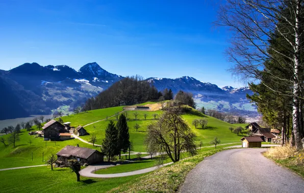 Дорога, солнце, горы, дома, весна, Швейцария, Switzerland, Mountains
