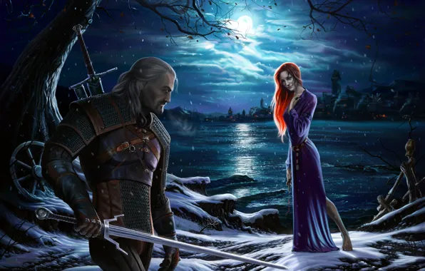 Картинка девушка, ночь, луна, берег, меч, платье, рыжая, rpg