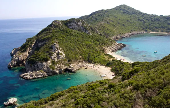 Картинка море, камни, скалы, побережье, Греция, горизонт, Corfu