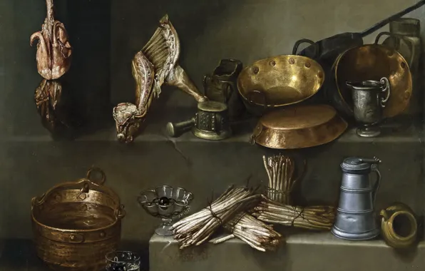 Картинка картина, утварь, Игнасио Ариас, Натюрморт с Посудой для Приготовления Пищи и Спаржей