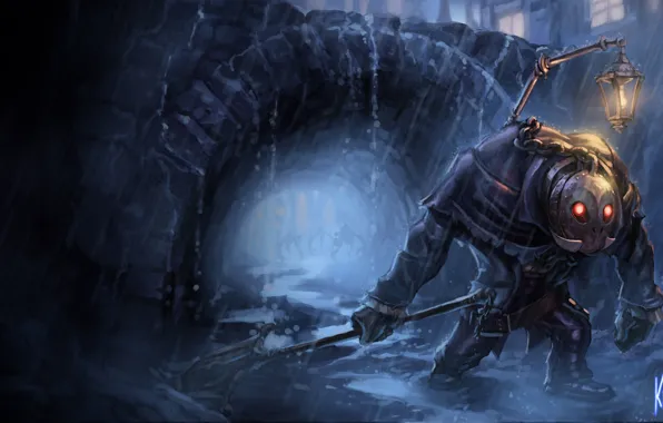 Ночь, дождь, маска, фонарь, лужи, League of Legends, Undertaker Yorick