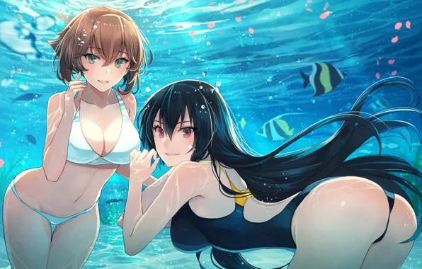 Рыбы, девушки, под водой, Nagato, Mutsu, Kantai Collection: KanColle