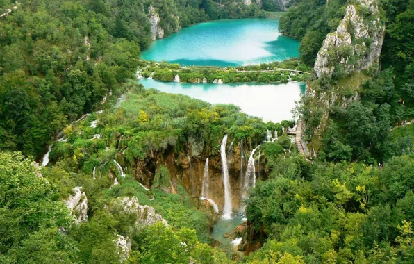 Картинка пейзаж, озеро, водопад, хорватия