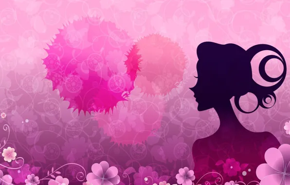 Картинка девушка, цветы, фон, розовый, узор, рисунок