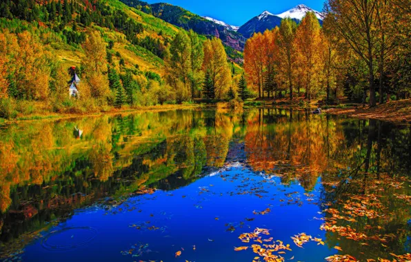Осень, деревья, горы, озеро, Колорадо, США, Теллерайд