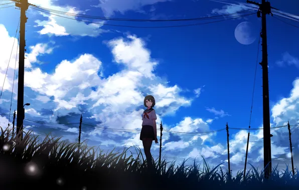 Картинка небо, трава, девушка, юбка, короткие волосы, легкая улыбка