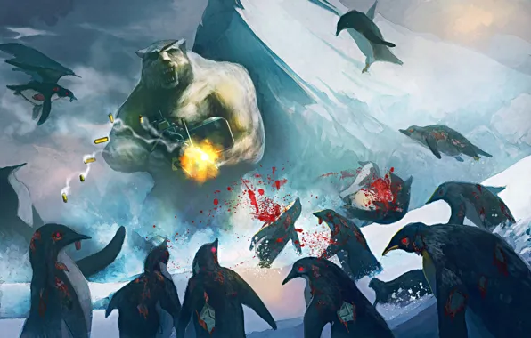 Картинка пингвин, пулемет, белый медведь, art