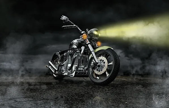 Картинка дизайн, темнота, луч, мотоцикл, Hell Missioner