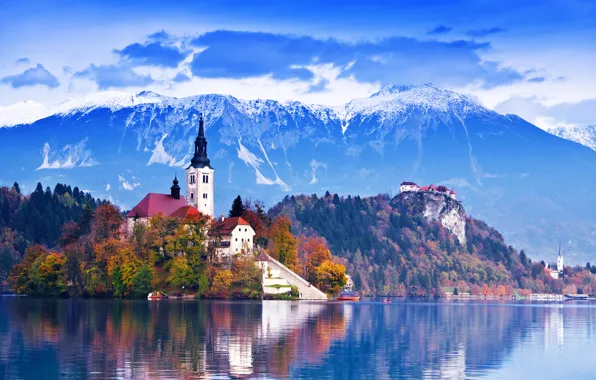 Beautiful, mountains, lakes, island church