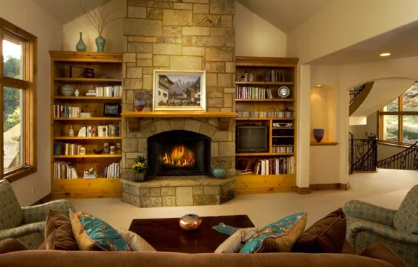 Inspiration, amazing, stones, living room, fireplace
