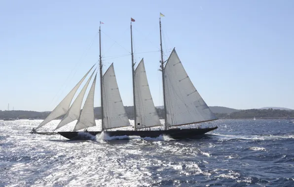 Корабль, паруса, Средиземное море, Atlantic, Three-mast Schooner During The Voiles De St Tropez, Трехмачтовый парусник, …