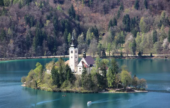 Горы, озеро, остров, башня, дома, церковь, Словения, Slovenia