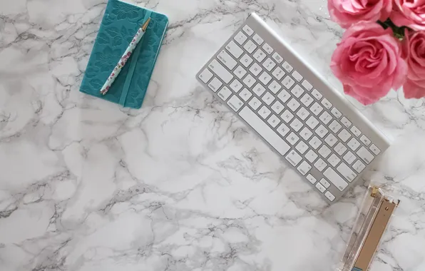 Розы, ручка, блокнот, pink, flowers, roses, keyboard, marble