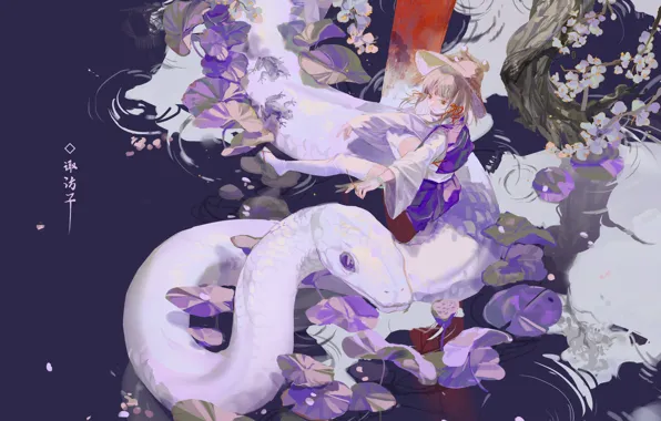 Девушка, пруд, змея, Touhou Project, Suwako Moriya
