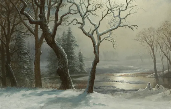 Картинка снег, деревья, пейзаж, река, картина, Альберт Бирштадт, Зима в Йосемити