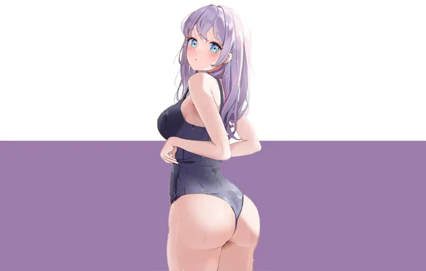 Kawaii, girl, anime, purple, swimsuit, butt, cute, backside