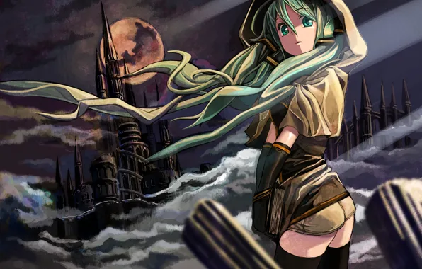 Девушка, ночь, замок, ветер, луна, аниме, книга, Hatsune Miku