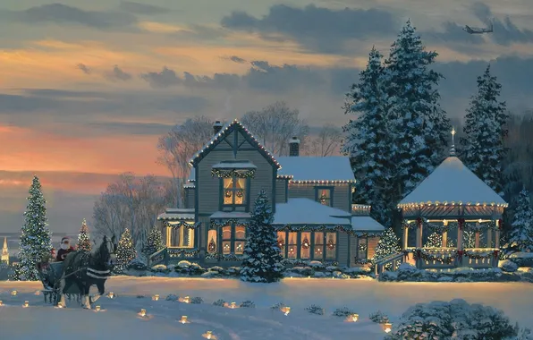 Картинка зима, дорога, снег, украшения, огни, дом, самолет, праздник