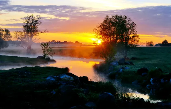 Картинка закат, туман, роса, река, ручей, утро, вкчер, зоря