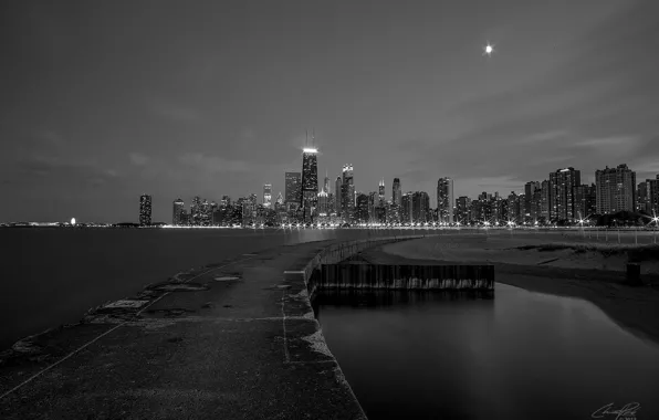 Ночь, огни, здания, небоскребы, Чикаго, черно-белое, Chicago