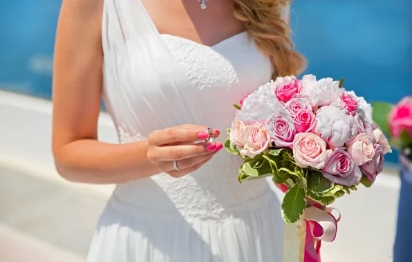 Картинка девушка, солнце, цветы, розы, букет, платье, кольцо, невеста