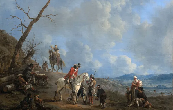 Картинка масло, картина, холст, Иоганн Лингельбах, Пейзаж с Всадниками Охотниками и Крестьянами