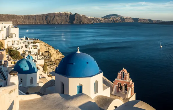 Море, горы, побережье, церковь, Santorini, Oia, Greece, Aegean
