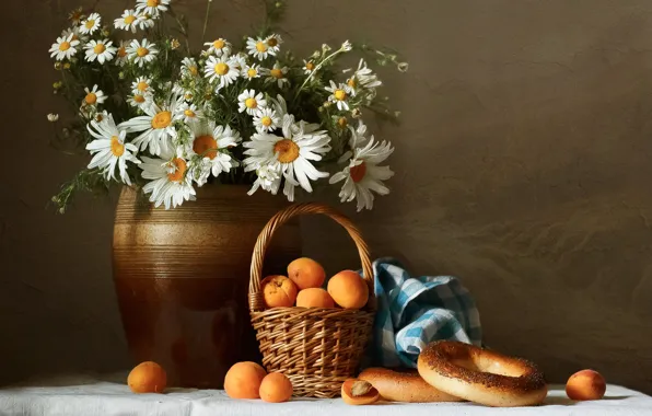 Цветы, ромашки, полотенце, букет, белые, натюрморт, вазон, баранки