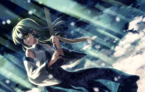 Снег, нож, зеленые волосы, touhou, kochiya sanae