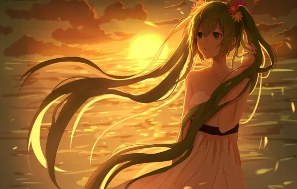 Картинка море, солнце, облака, закат, ветер, vocaloid, hatsune miku, белое платье