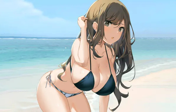 Girl, sexy, cleavage, beach, long hair, sea, brown hair, brown eyes