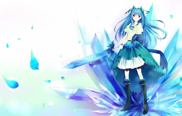 Картинка меч, арт, девочка, белый фон, кристаллы, голубые волосы, skycrystali
