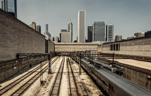 Небоскребы, железная дорога, поезда, USA, чикаго, Chicago, illinois