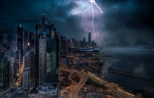 Картинка гроза, молния, здания, дороги, дома, Гонконг, залив, ночной город