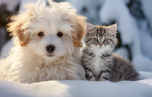 Зима, кошка, взгляд, свет, снег, котенок, серый, вместе