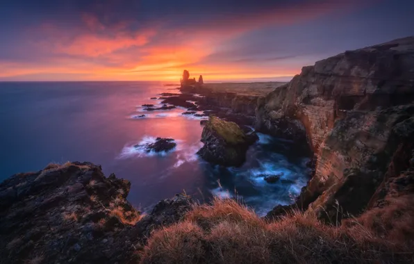 Закат, океан, скалы, побережье, Исландия, Iceland, Атлантический океан, Snæfellsnes Peninsula