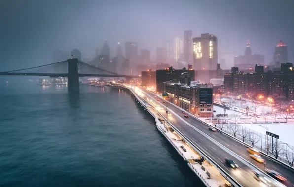 Картинка ночь, мост, город, огни, туман, вечер, США, Нью Йорк