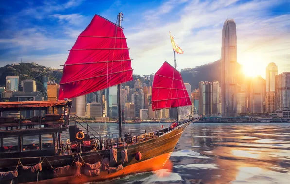 Картинка China, корабль, здания, Гонконг, Китай, небоскрёбы, гавань, Hong Kong