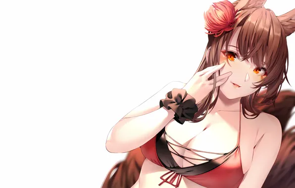 Girl, sexy, cleavage, flower, long hair, brown hair, boobs, animal ears