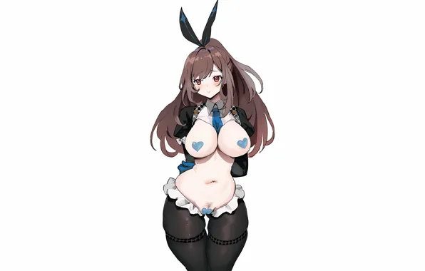 Girl, sexy, cleavage, thighhighs, long hair, brown hair, boobs, anime