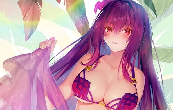 Girl, sexy, cleavage, rain, long hair, boobs, anime, beautiful