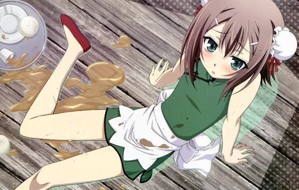 Лужа, пол, румянец, парень, сидит, art, поднос, Baka to Test to Shoukanjuu
