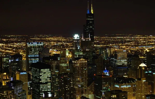 Ночь, огни, чикаго, небосребы, chicago