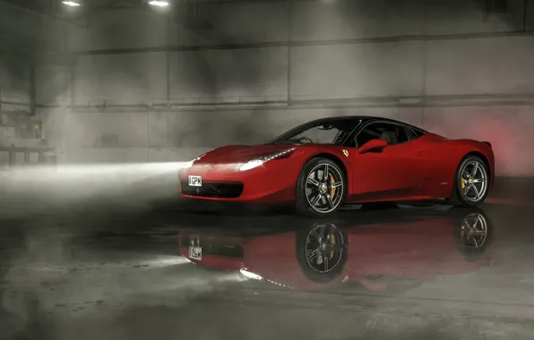 Ferrari, Red, 458, Front, Smoke, Italia, Wheels, Reflection