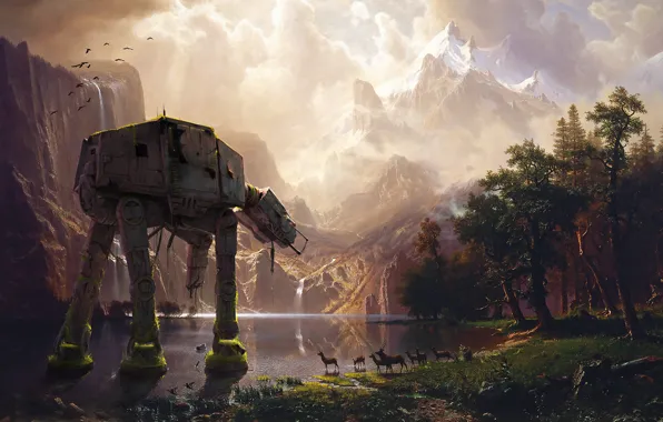 Картинка лес, горы, озеро, star wars, imperial walker