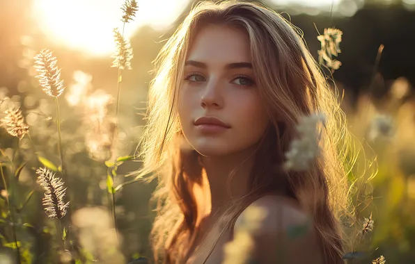 Лето, взгляд, девушка, солнце, свет, природа, лицо, поза