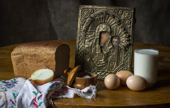 Яйца, деревня, молоко, хлеб, натюрморт, икона, соль